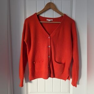100% Cashmere Cardigen V-neck Cropped Long Sleeve Pockets Orange Size Medium